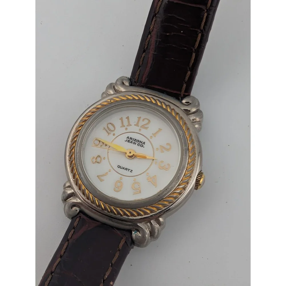 Vintage Arizona Jean Co Watch Women 26mm Case MOP Brown Leather Band New Battery